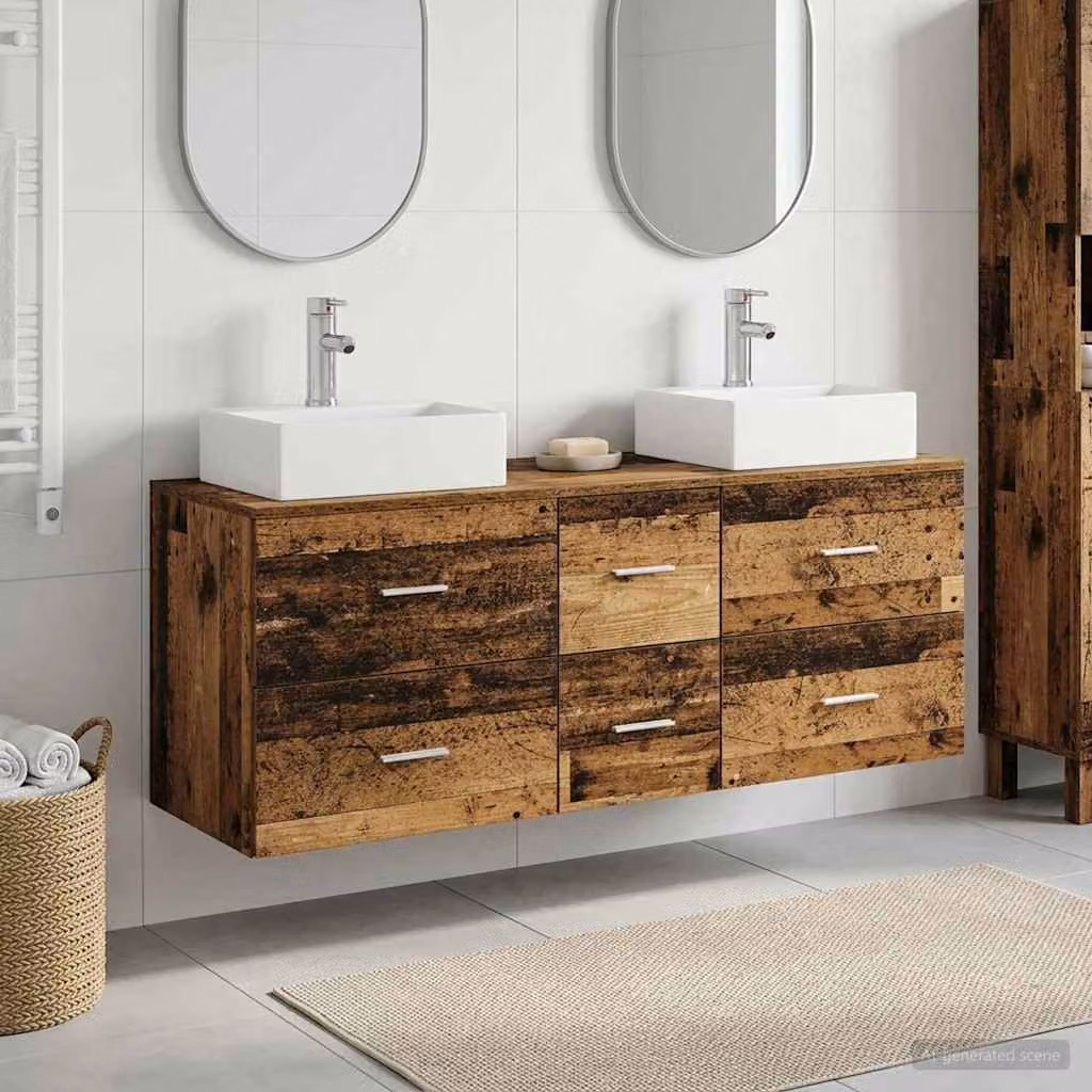 Set di mobili da bagno moderno vidaXL in legno e metallo marrone, composto da 3 pezzi con mobile sottolavabo e armadietti laterali, L/P/H: 49,5 x 41 x 62,5 cm
