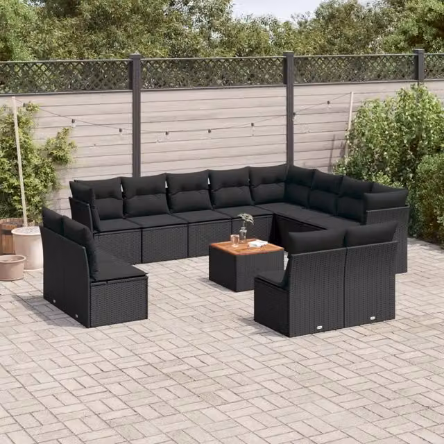 Set di Divani da Giardino VIDAXL a Forma di U in Polyrattan Nero con 13 Pezzi e Cuscini – 1