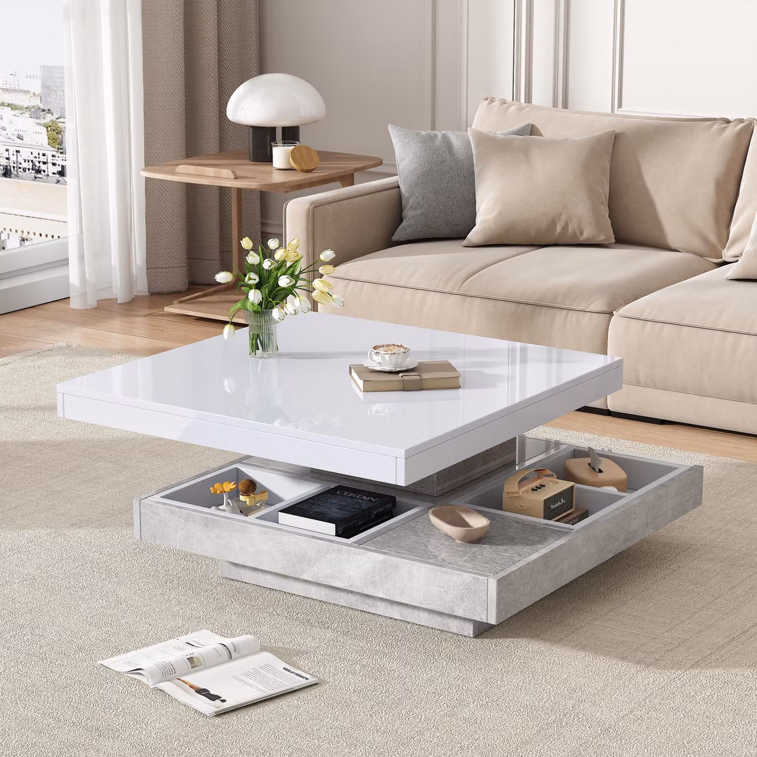 Tavolino da caffè moderno bianco con piano girevole a 360 e due livelli L/P/H: 70 x 70 x 36 cm – 2