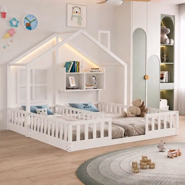 Letto per bambini doppio a casetta 90x200 cm con LED e ripiani; bianco