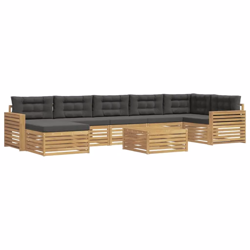 Set di divani da esterno vidaXL a forma di L composto da 8 pezzi con tavolino e pouf, struttura in legno di acacia e cuscini inclusi, colori bianco, antracite e marrone – 2