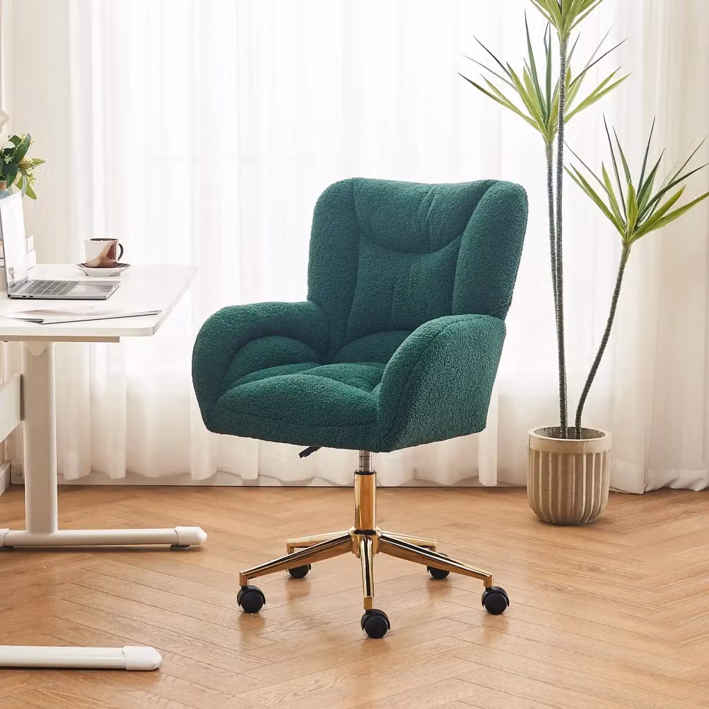 Sedia da ufficio ergonomica OKWISH girevole a 360 gradi in tessuto bouclé verde con dettagli oro e base in metallo L/P/H: 64 x 62 x 92,5 cm – 2