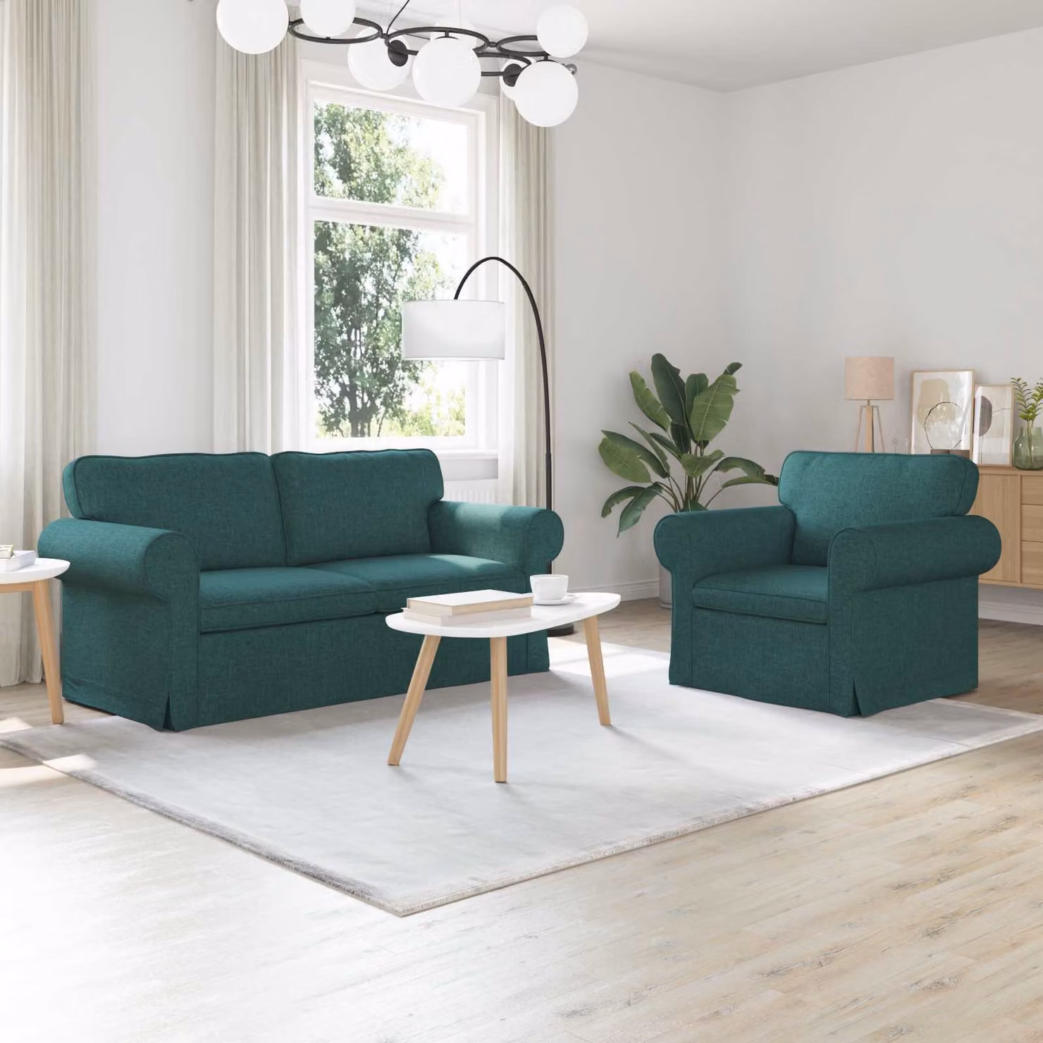 Set di 2 divani moderni vidaXL in tessuto verde scuro con struttura in metallo e coperture rimovibili