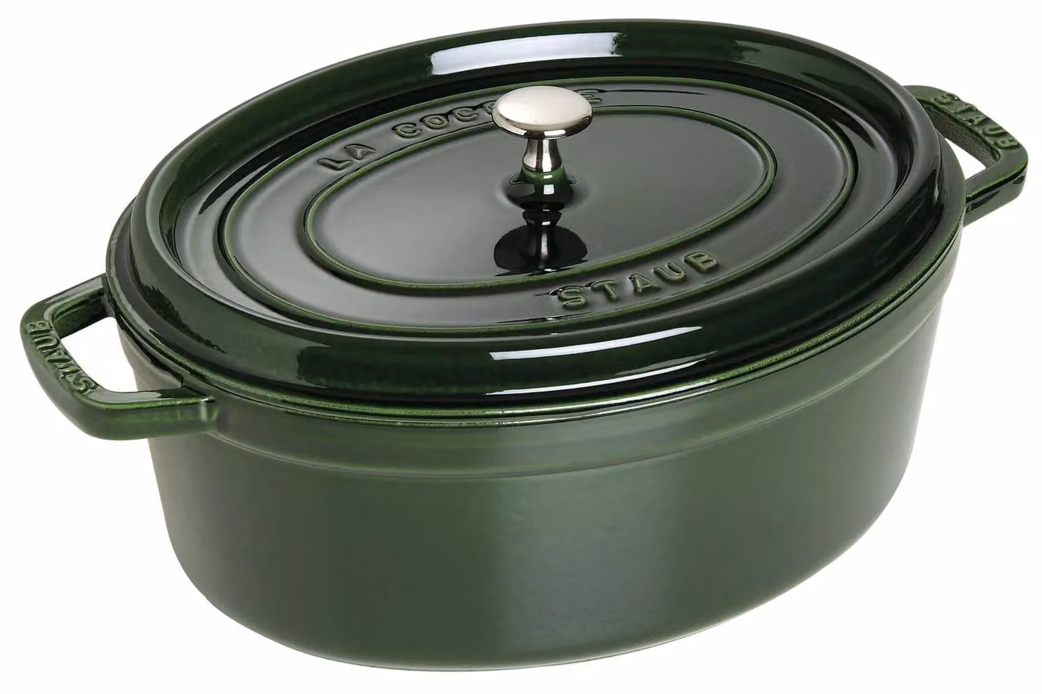 Casseruola ovale in ghisa per induzione colore verde con maniglie e coperchio, diam. 29cm