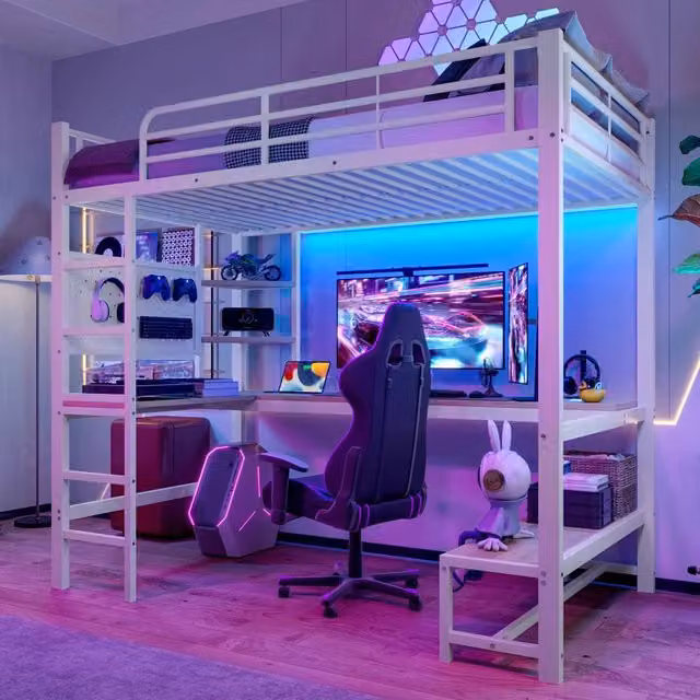 Letto a soppalco in metallo 90 x 200 cm, scrivania, spondine, scaletta, mensole, USB + Tipo C, striscia LED, pannello forato, senza materasso - Bianco