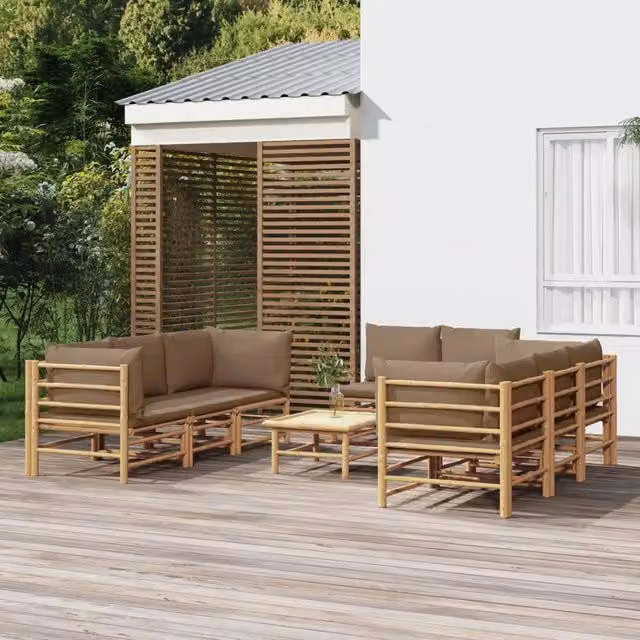 Set Salotto da Giardino a L vidaXL in Bambu con Cuscini Beige 9 Pezzi