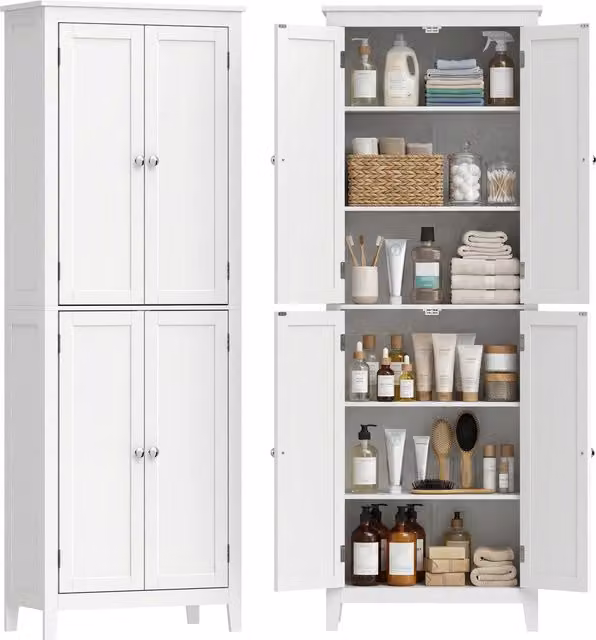 Meuble de Salle de Bain, Meuble de Rangement, Colonne Salle de Bain avec 4 Portes et Étagères Réglables, Blanc