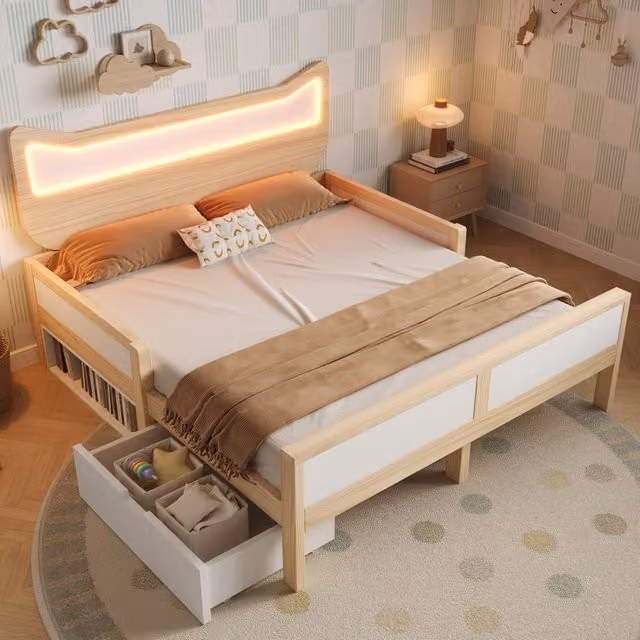 Letto matrimoniale WISHDOR con testiera a forma di gatto, illuminazione LED RGB, cassetto e contenitore, L/P/H: 140 x 200 x 145 cm, bianco e rovere