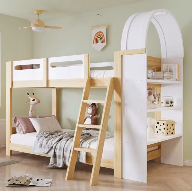 Letto a castello per bambini 90x200 cm bianco naturale, struttura in legno con scaffale