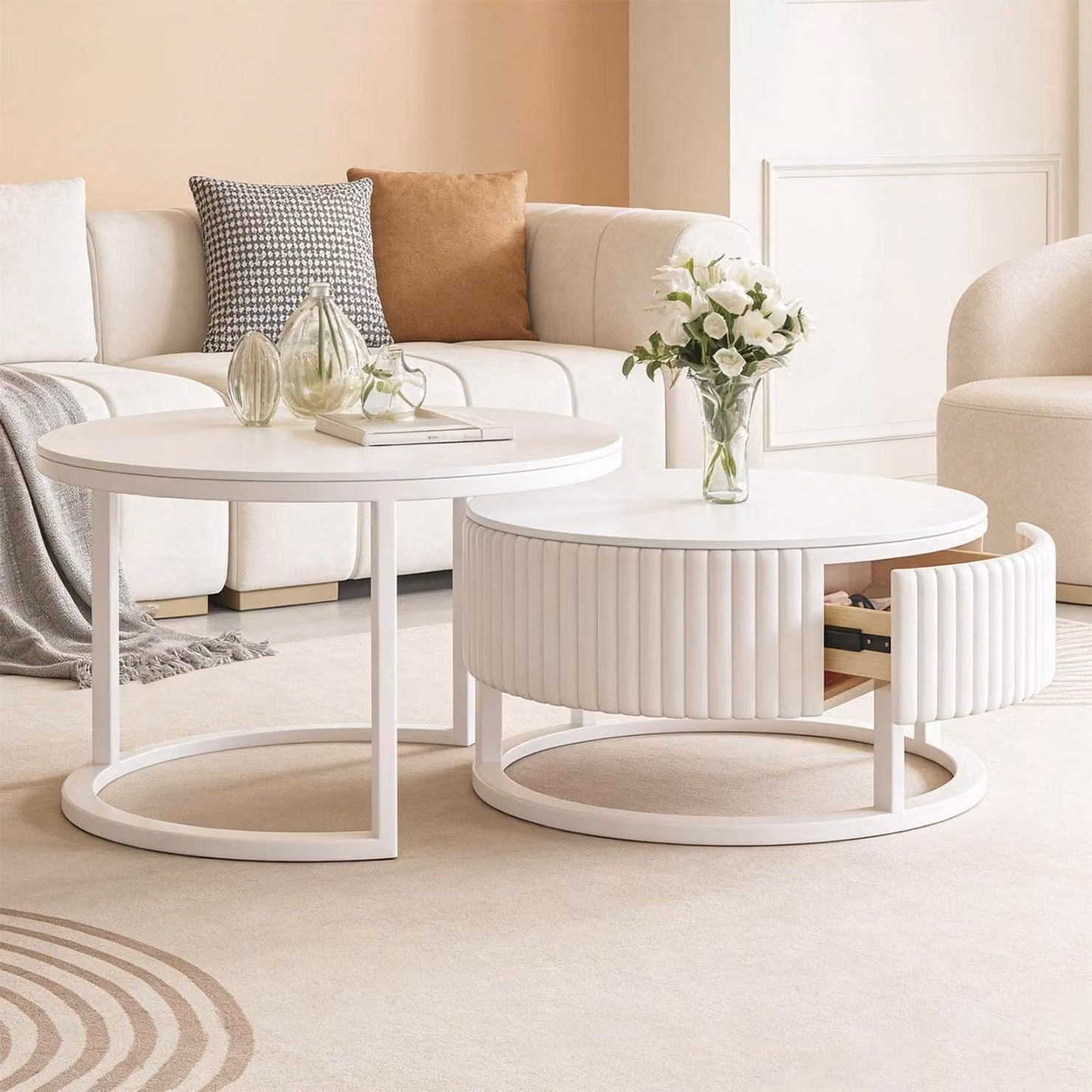 Tavolino rotondo in marmo bianco con spazio contenitivo e cassetto, set da 2