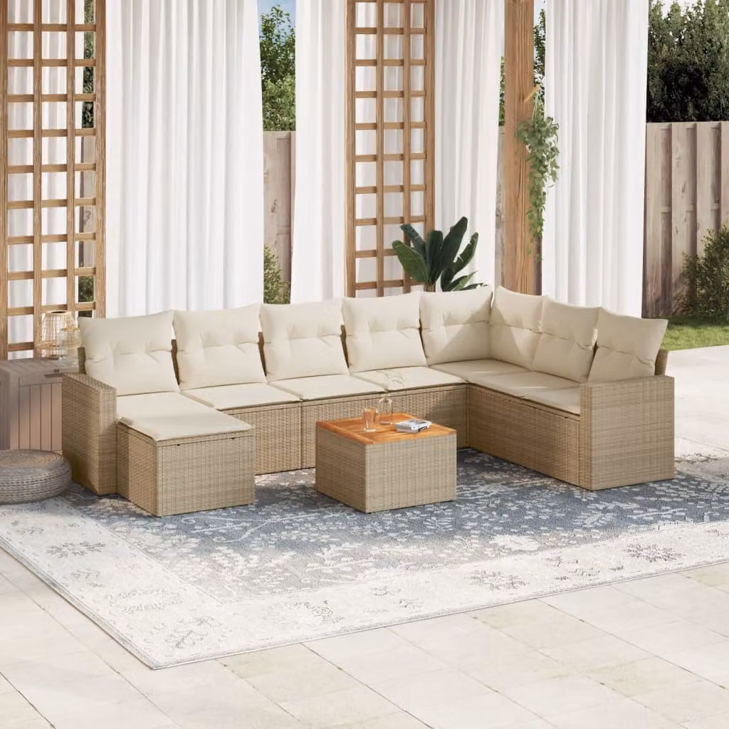 vidaXL Set Divano da Giardino a L 9 pz in Polyrattan con Cuscini Beige e Tavolino da Caffè – 1