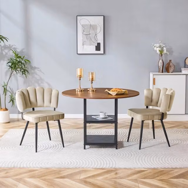 Set da Pranzo con Tavolo Rotondo 107 cm in MDF Noce e 2 Sedie con Schienale Fiore in Tessuto Beige Chiaro