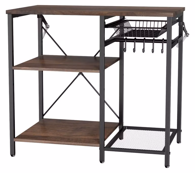 Scaffale da cucina per panettieri, larghezza 900 mm, con barra di sostegno a X, 5 ganci a S, ripiani multipli, portaoggetti per piatti e ciotole, portaspezie