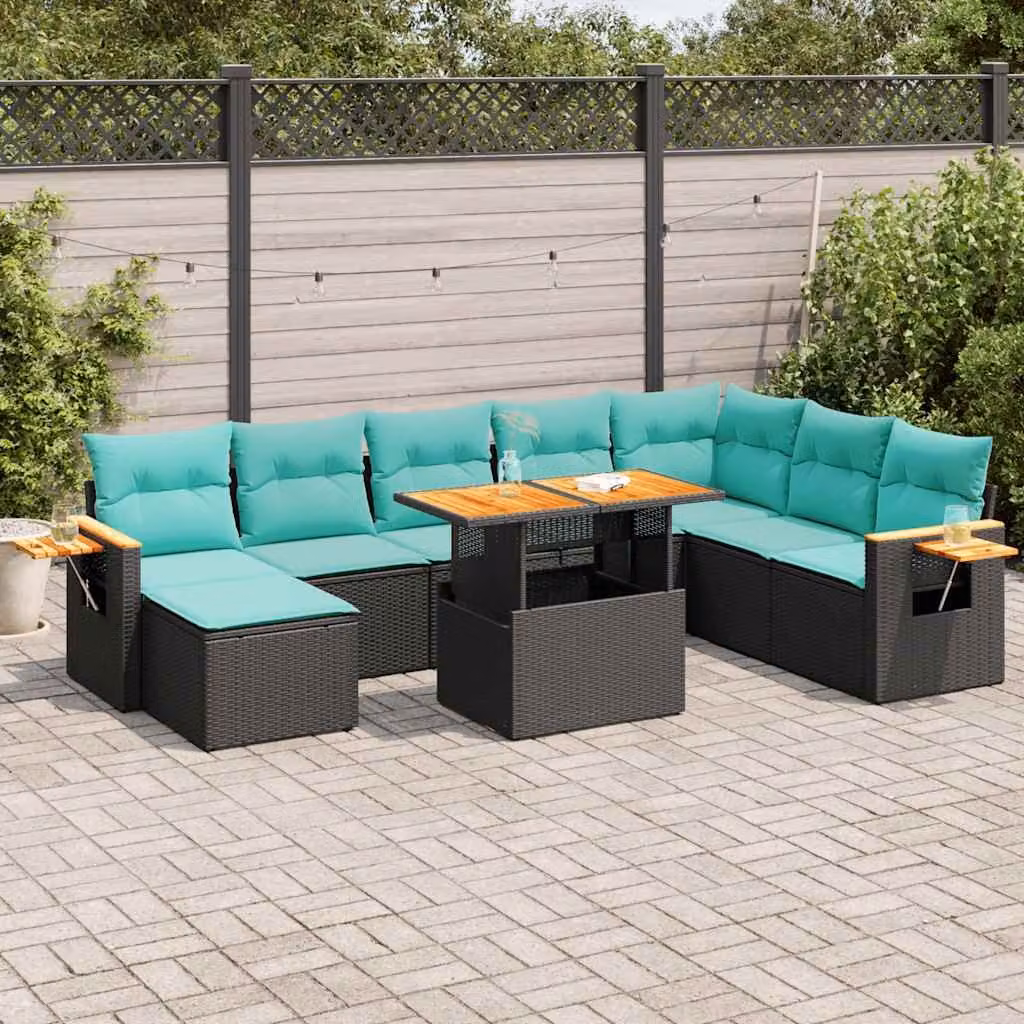 Set Divani da Giardino vidaXL a Forma di L in Polyrattan e Legno di Acacia con Cuscini, Nero e Blu