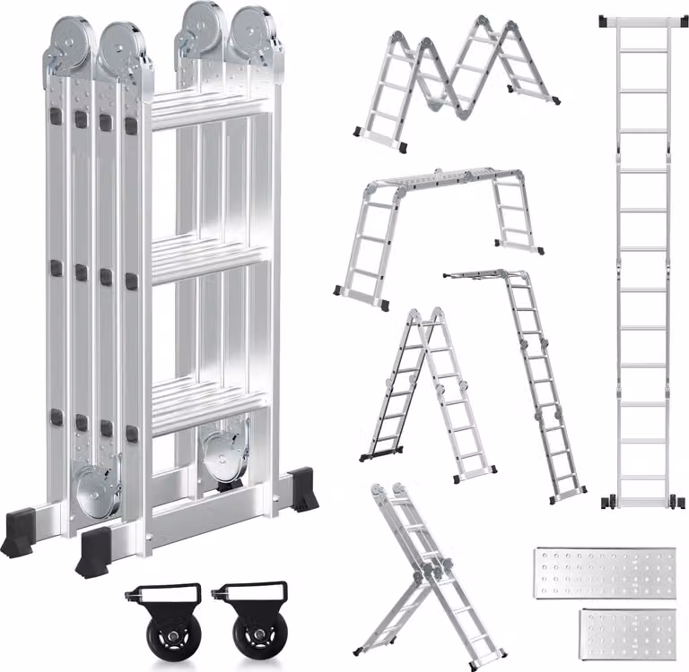 Scala multiuso in alluminio Ikodm 7in1, con 4x3 gradini, altezza circa 360 cm / 3,6 metri, scala pieghevole a pantografo con piattaforme, ruote e superficie antiscivolo, portata massima 150 kg