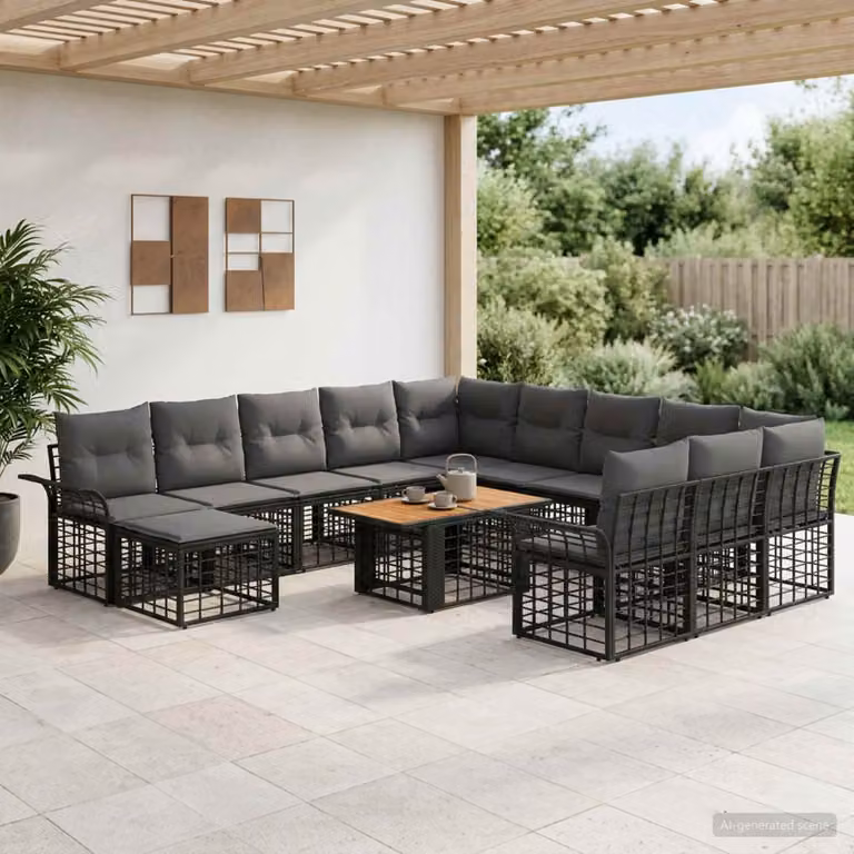Set Divano da Giardino vidaXL a forma a U in Polyrattan con Tavolino e Pouf, Nero e Grigio