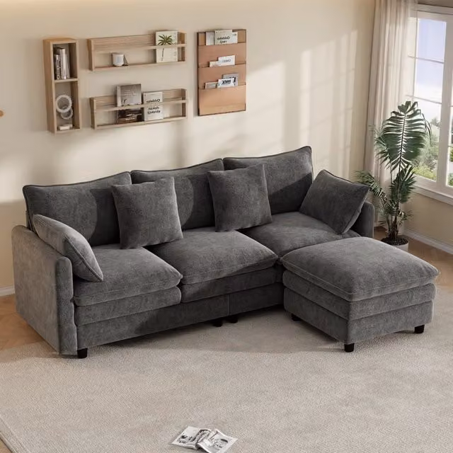 Divano angolare a L WISHDOR con chaise longue reversibile in tessuto Chenille grigio, 3 posti, L/P/H: 212 x 150 x 90 cm