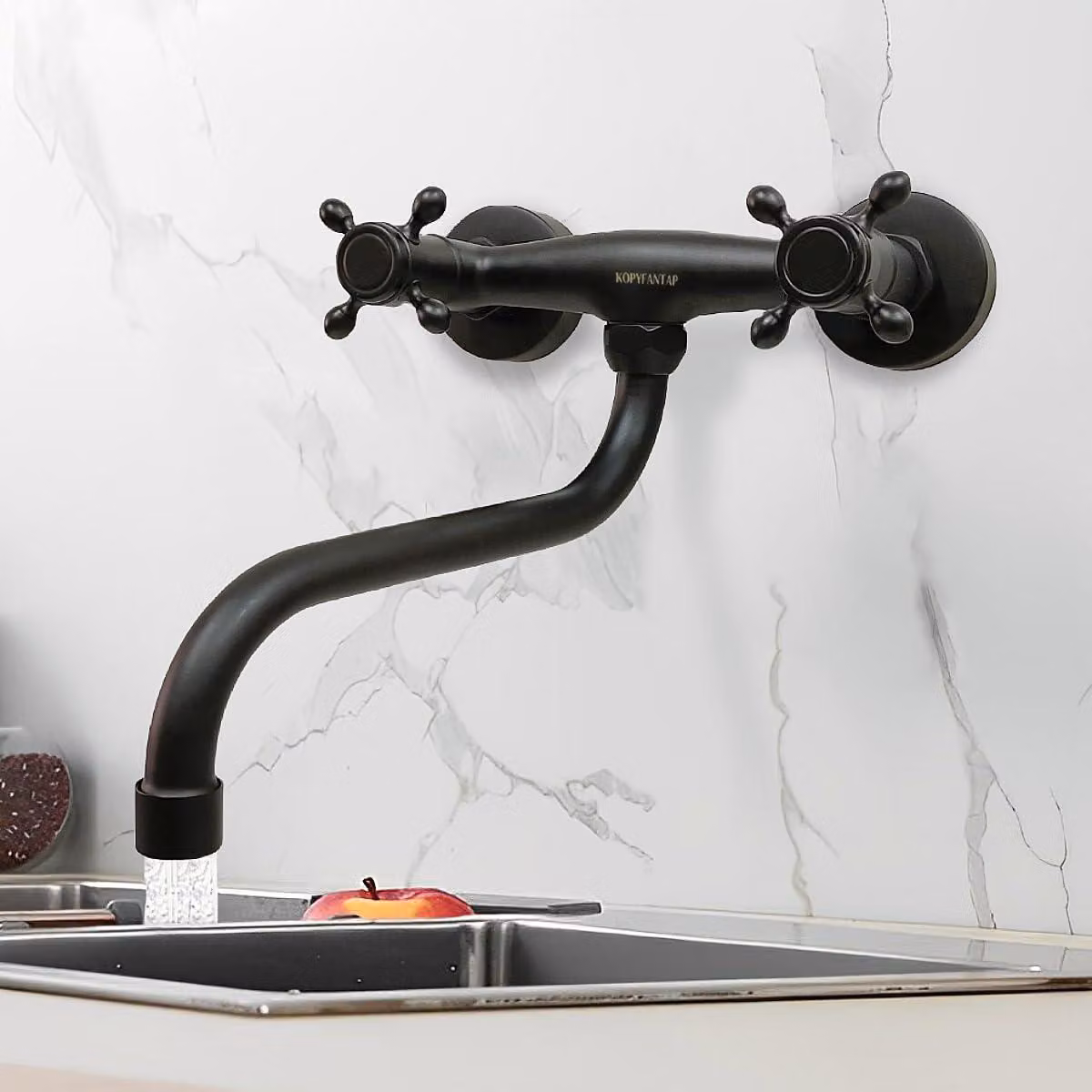 Supporto per rubinetto nero, girevole a 360°, in ottone, 20 cm, per la cucina