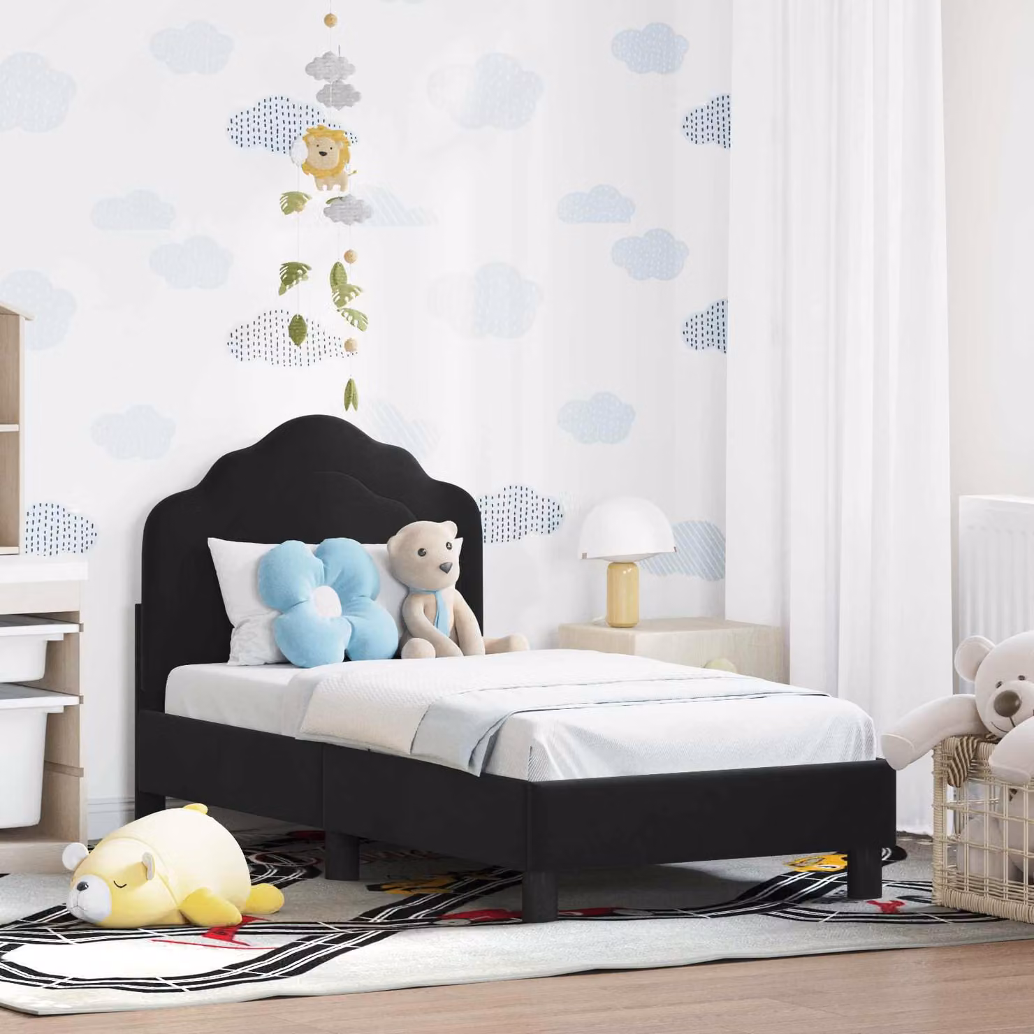 vidaXL Struttura letto per bambini in legno con rivestimento in velluto nero L/P/H: 140 x 70 x 79 cm