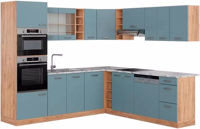 Cucina angolare moderna Vicco R-Line in finitura opaca Grigio-blu e Rovere con ante in vetro e illuminazione integrata L: 247 cm, P: 60 cm, H: 206,8 cm