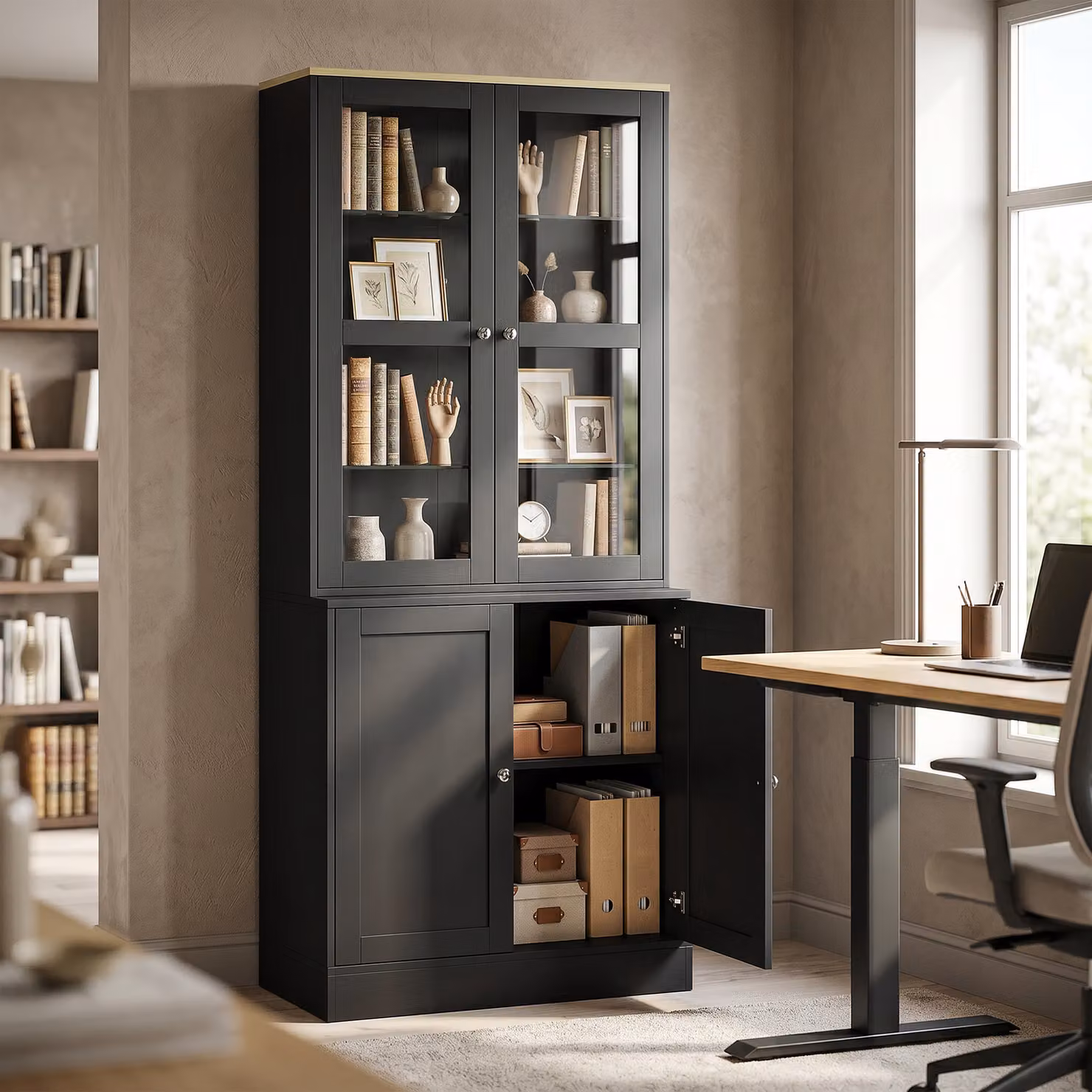 Libreria Vetrina HOMCOM con 6 Livelli, Mobile Contenitore Moderno Nero con 4 Ante e Ripiani Regolabili – 2