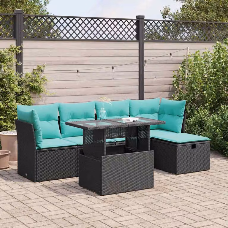 Set Divano da Giardino vidaXL 6 pz in Polyrattan con Cuscini e Tavolino da Esterno, Forma a U, Colore Nero e Blu