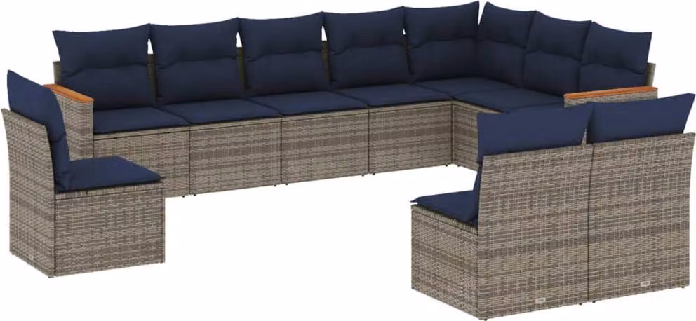 Set Divani da Giardino 10 pz con Cuscini Grigio in Polyrattan