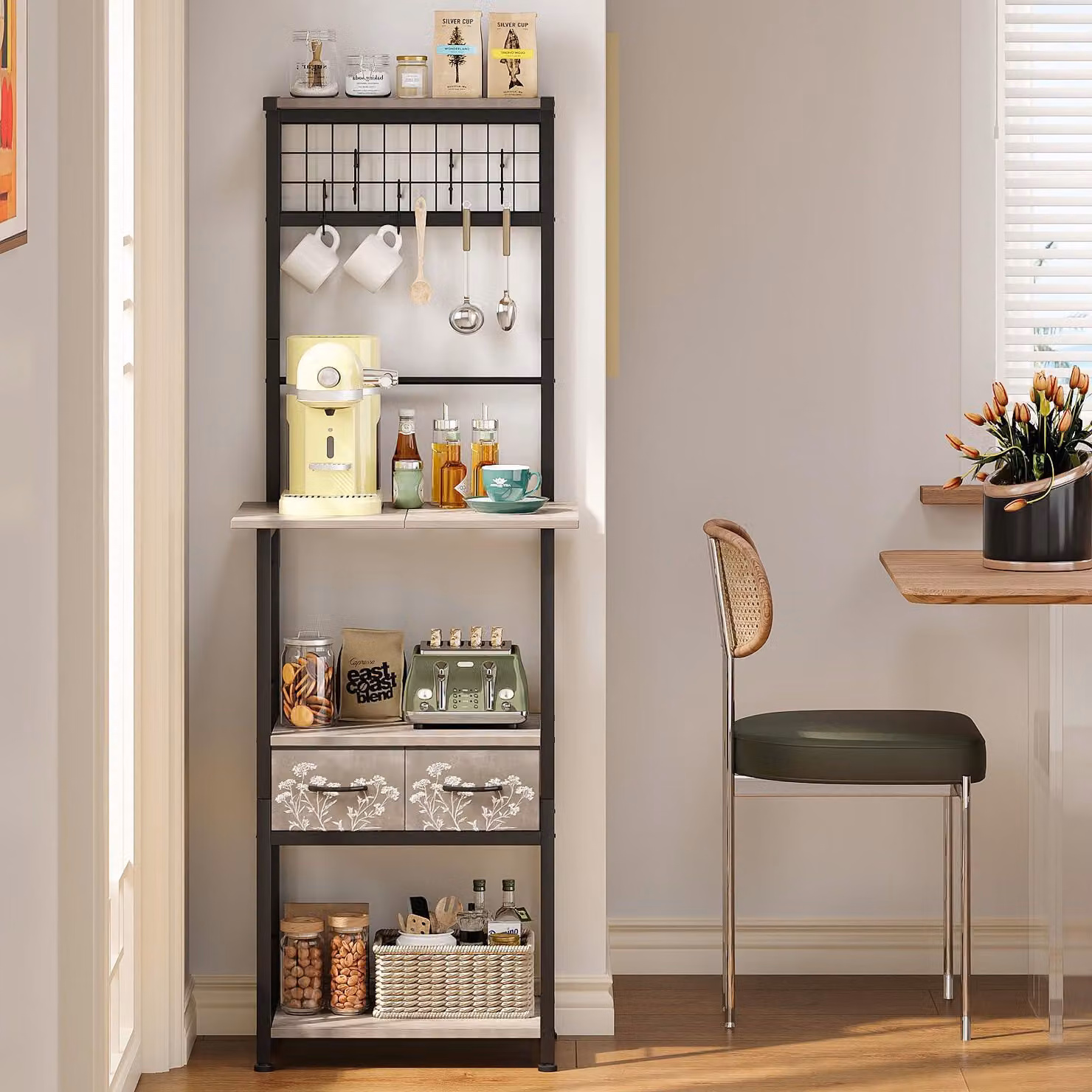 Scaffale da cucina, autoportante, con 2 cassettoni in tessuto e 5 ganci, salvaspazio (grigio, 50 x 34 x 140 cm)