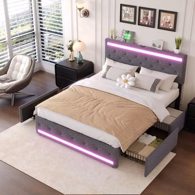 Letto Matrimoniale 140x200 cm con 4 Cassetti; Struttura Letto Imbottito con Luci LED e Porta USB; Testiera in Lino; Senza Materasso; Grigio