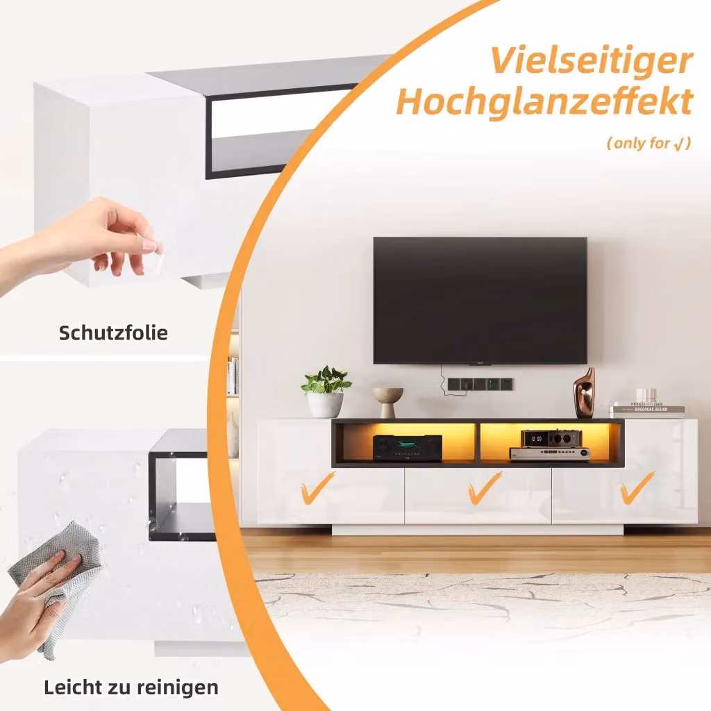 Mobile TV REDOM moderno in legno bianco lucido con illuminazione LED integrata L: 180 cm, P: 40 cm, H: 48 cm – 2