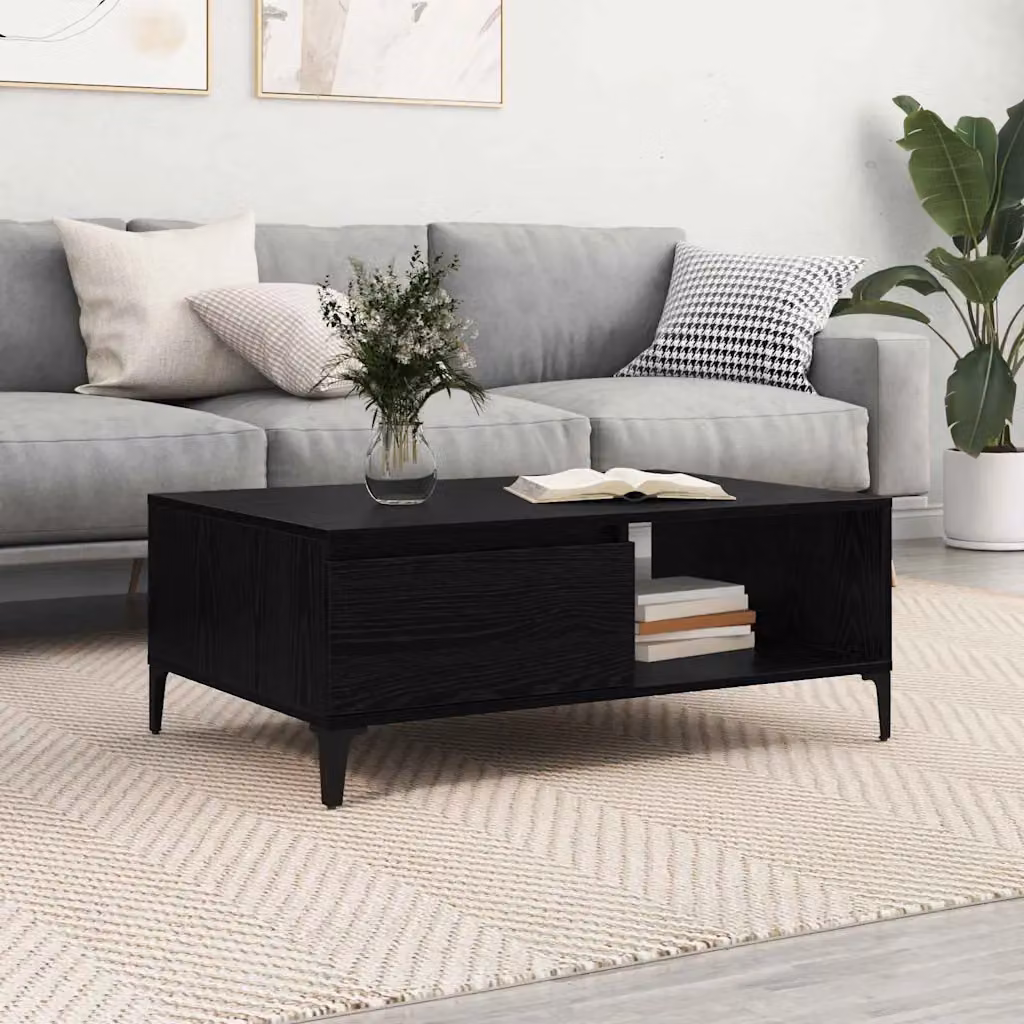 Tavolino da salotto vidaXL in stile industriale con piano in legno rovere e struttura in metallo nero, L 90 cm x P 60 cm x H 35 cm