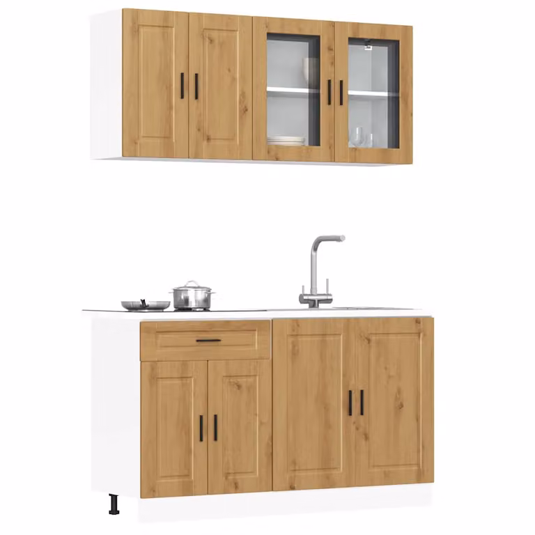 Set di mobili da cucina moderno vidaXL Kalmar in 4 pezzi color marrone con ante in vetro e ripiani interni, L/P/H: 81,5 x 46,0 x 80,0 cm