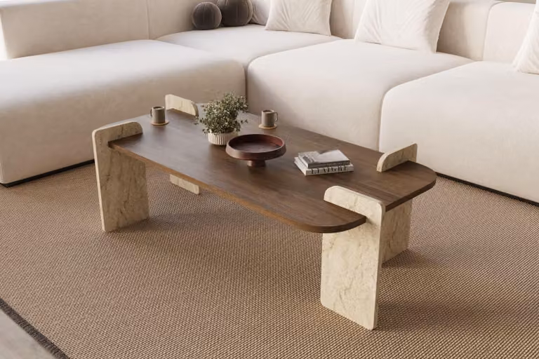 Skye Decor, tavolino moderno (noce e travertino), 120 x 60 x 35 cm | Pannello truciolare rivestito al 100% in melamina | Smontato, ideale per salotti eleganti e arredi moderni.