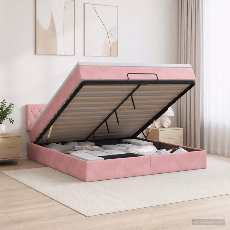 Letto Ottomano vidaXL con Materasso Ibrido e Illuminazione LED in Velluto Rosa, L: 160 cm, P: 200 cm, H: 88 cm