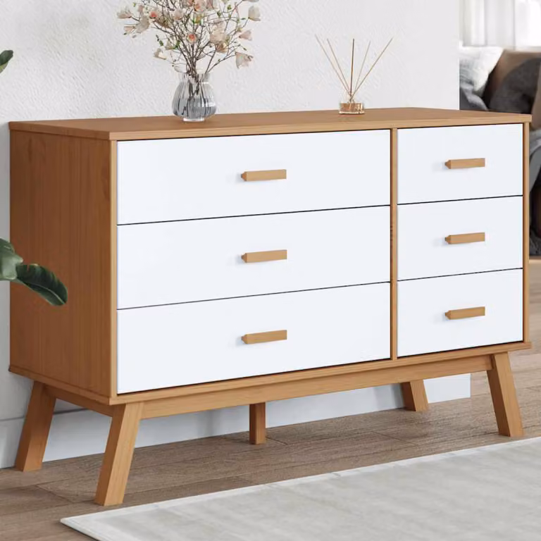 vidaXL Cassettiera OLDEN in Legno Massello di Pino, Bianca e Marrone, Stile Scandinavo