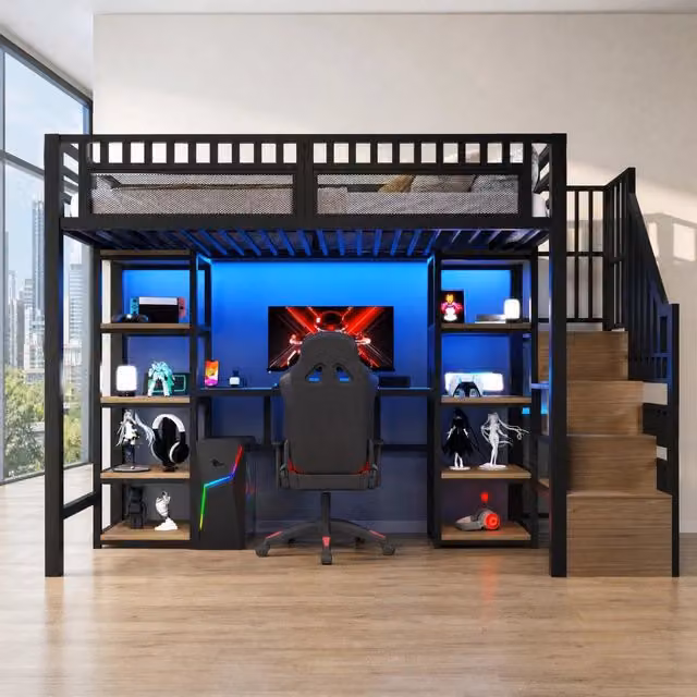 Letto a soppalco 90x200 cm in metallo e MDF; con scrivania; ripiani e LED; nero
