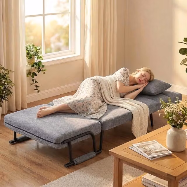 Poltrona letto 3 in 1 grigia in ciniglia, schienale reclinabile 5 posizioni, 186 x 60 cm