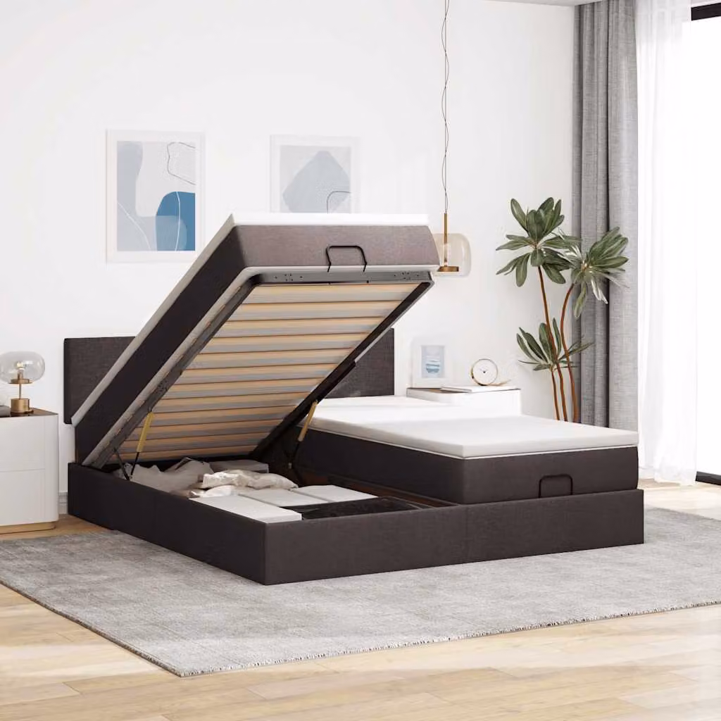 Letto con contenitore contenitore a sollevamento vidaXL in tessuto con materasso, illuminazione sottostante e porta USB, L: 180 cm, P: 200 cm, H: 280 cm