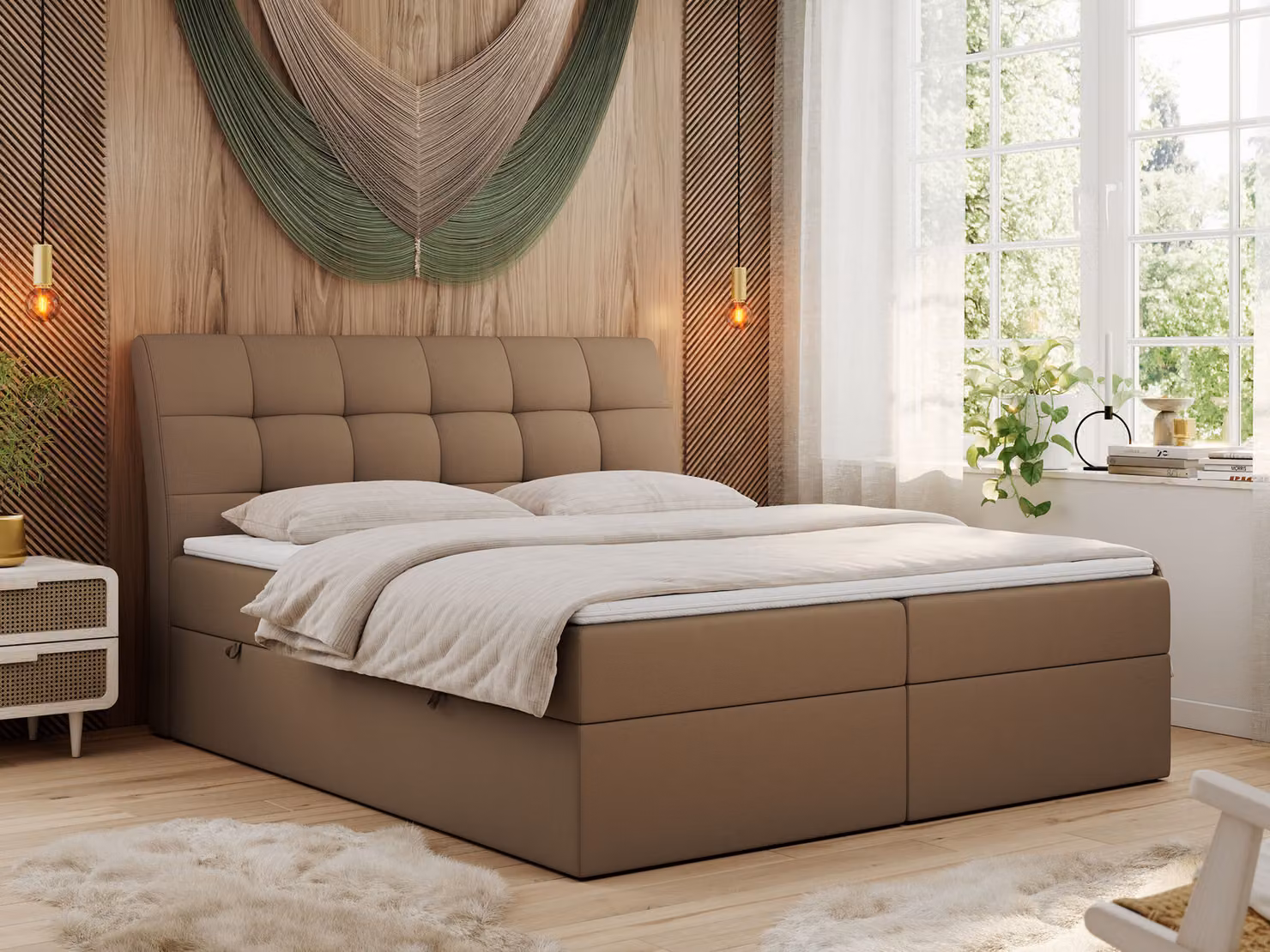 Letto boxspring 160x200 con materasso, letto con materasso Multipocket - H3 e topper, letto imbottito 160x200 con contenitore e testiera, DIEGOS - 160x200 - Marrone - Ecopelle - H3