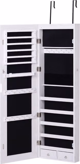Specchiera Portagioielli HOMCOM con 6 Luci LED e Spazi Portaoggetti in Legno e Vetro, Colore Bianco, L 37 cm x H 120 cm x P 10 cm