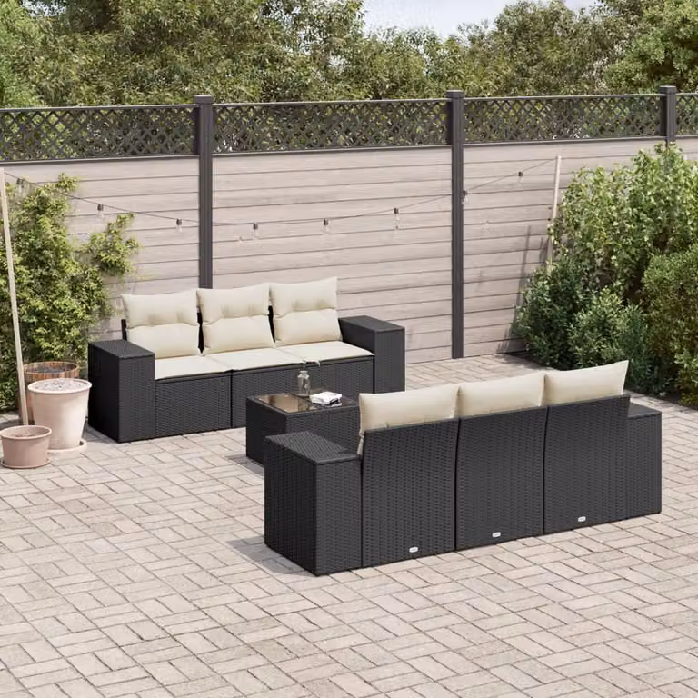 vidaXL Set Divani da Giardino a L con Cuscini 7pz Nero e Bianco in Polyrattan e Metallo