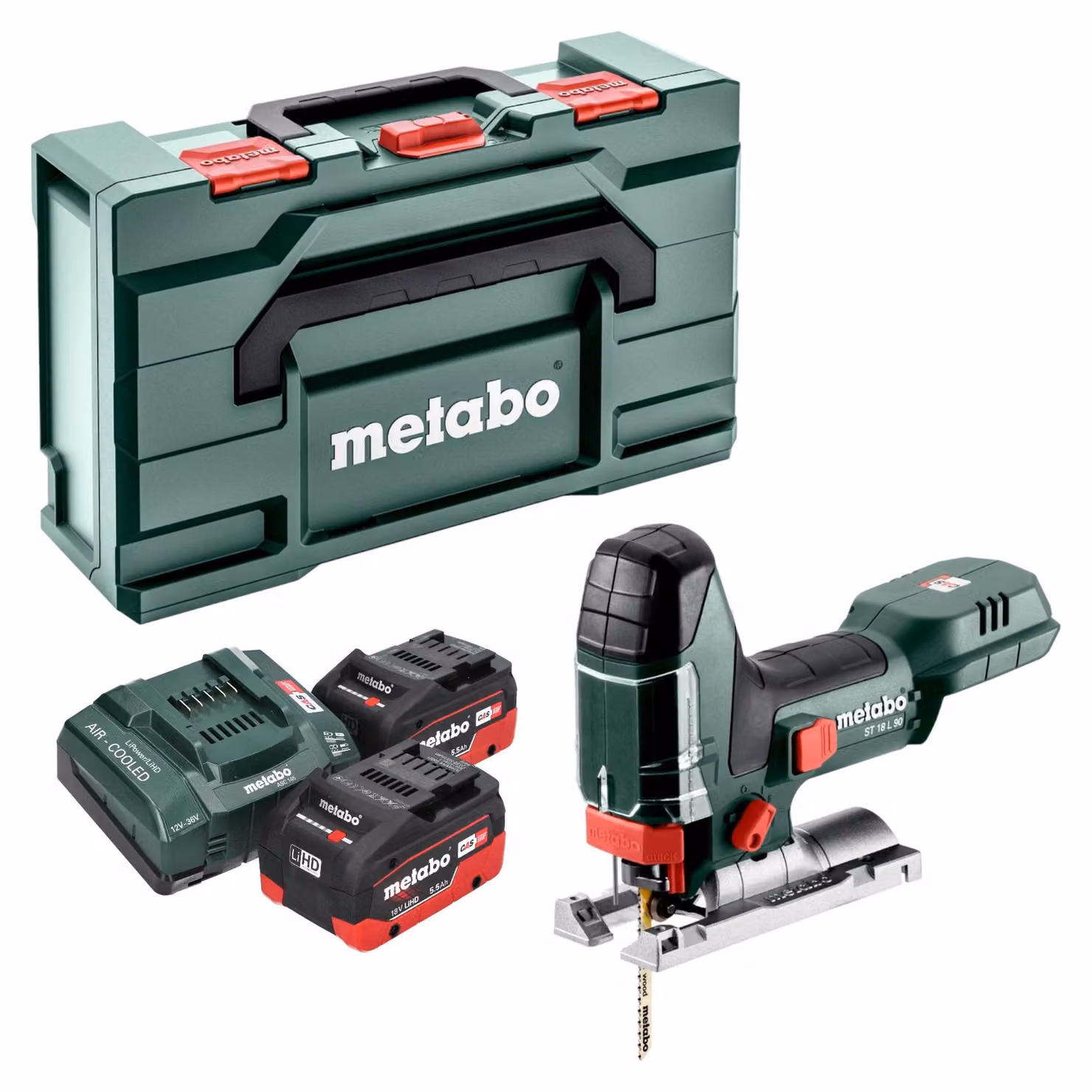 Sega alternata a batteria Metabo ST 18 L 90 18 V 90 mm + 2 batterie LiHD da 5,5 Ah + caricabatterie + Metabox