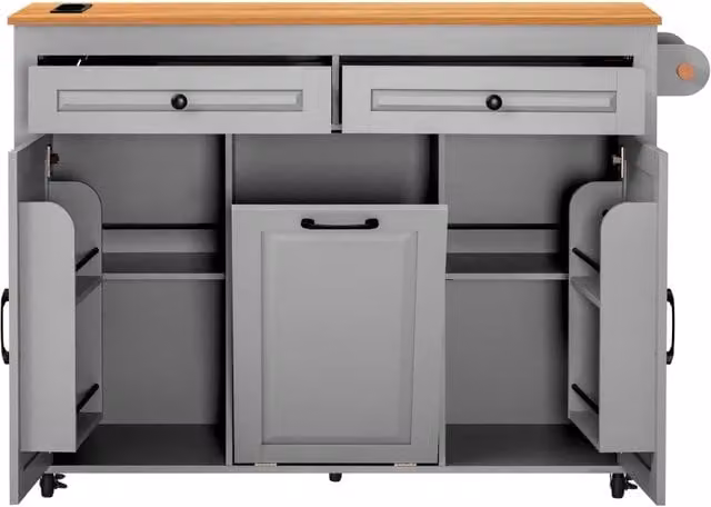 Isola Cucina Mobile con Ruote e Piano Estensibile 120×40-75 cm; Vano Porta Rifiuti; Prese AC/USB-C e Spazio Contenitore Grigio
