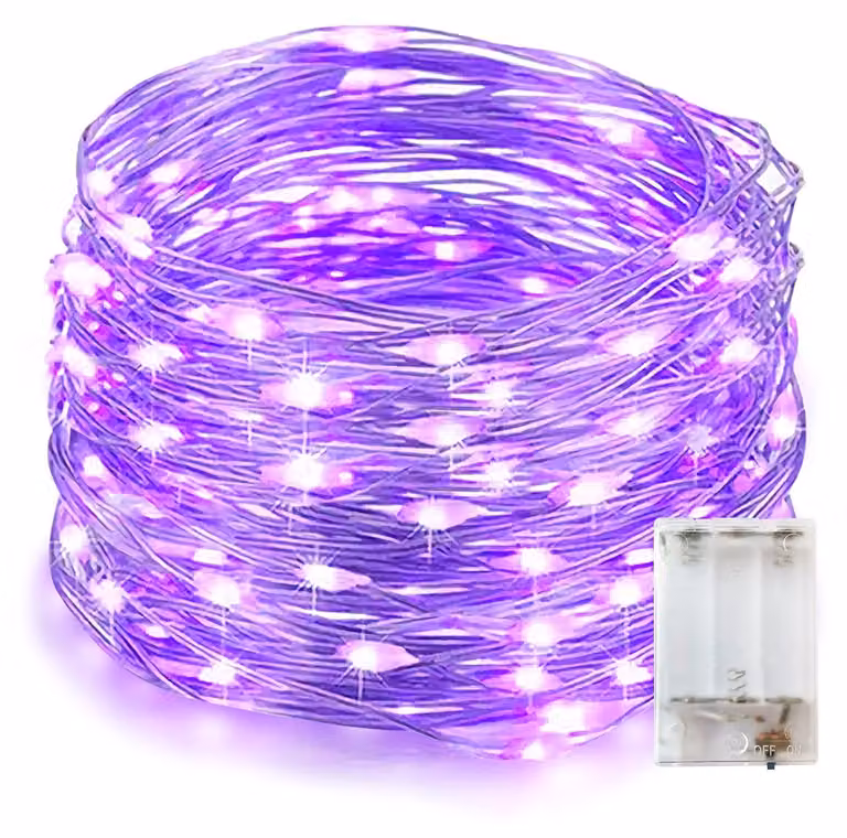 Catena luminosa a LED, 10 metri, 100 LED, alimentazione a batteria, grado di protezione IP65, colore viola
