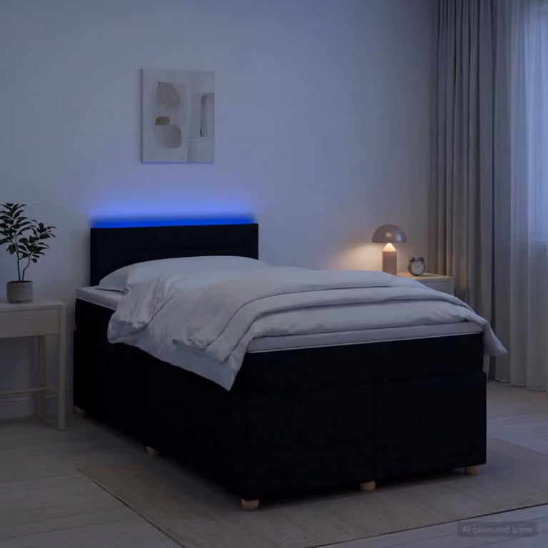 Letto box spring con materasso ibrido vidaXL in tessuto con illuminazione sottostante e porta USB, L/P: 120 x 200 cm, Nero