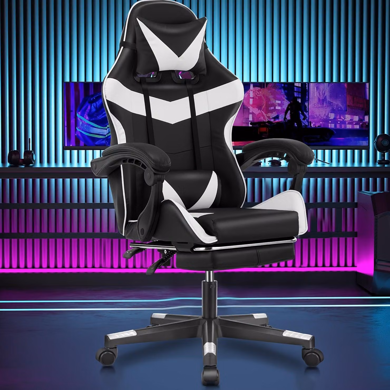 Sedia da gaming nera e bianca, sedia ergonomica da ufficio con schienale alto e braccioli regolabili