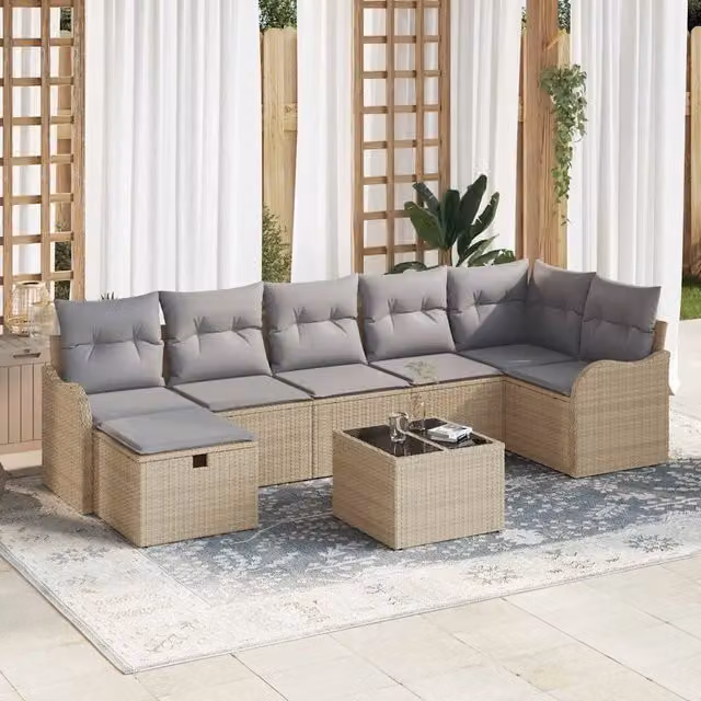 Set Divano da Giardino a L vidaXL in Polyrattan Beige con 8 Pezzi e Cuscini – 1