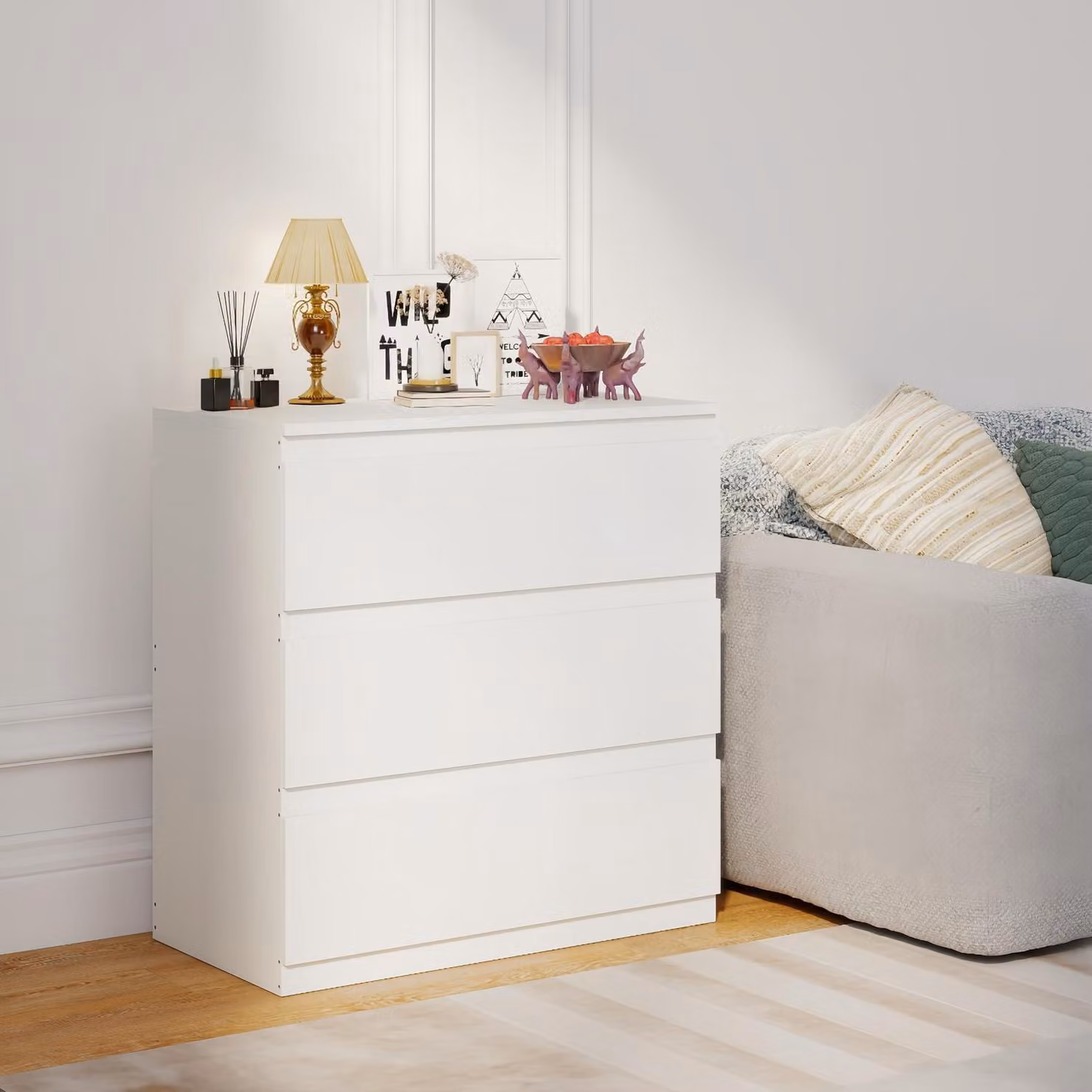 Comodino con 3 cassetti, bianco, in MDF, dimensioni 70 x 40 x 75 cm