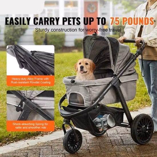 Trasportino per cani – Leggero – Ideale per animali domestici – Con freno – Maniglia regolabile – E contenitore portaoggetti – Realizzato in materiale resistente – Colori: nero e grigio