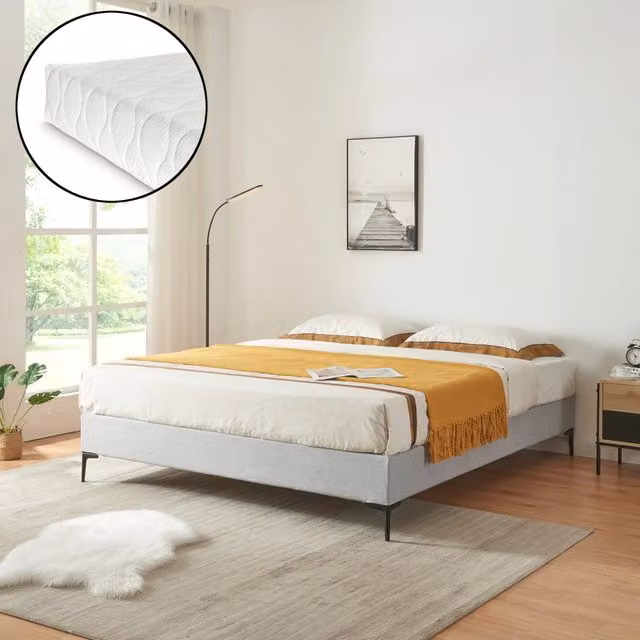 Letto Matrimoniale Lilla con Materasso 180x200 cm Fodera Protettiva Grigio Chiaro [en.casa]
